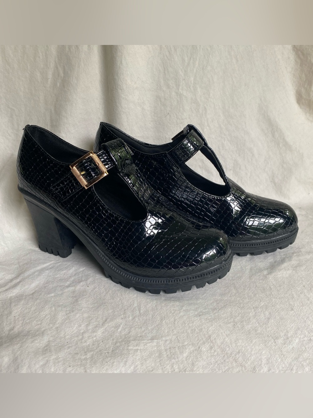 Women's Black Faux Leather Thick Sole Mary Jane Shoes Faux Croc EU41/US 9